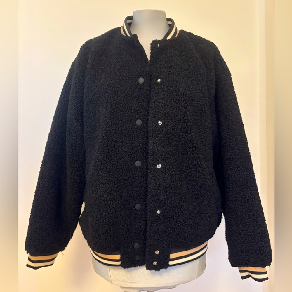 H&M black teddy bomber varsity jacket